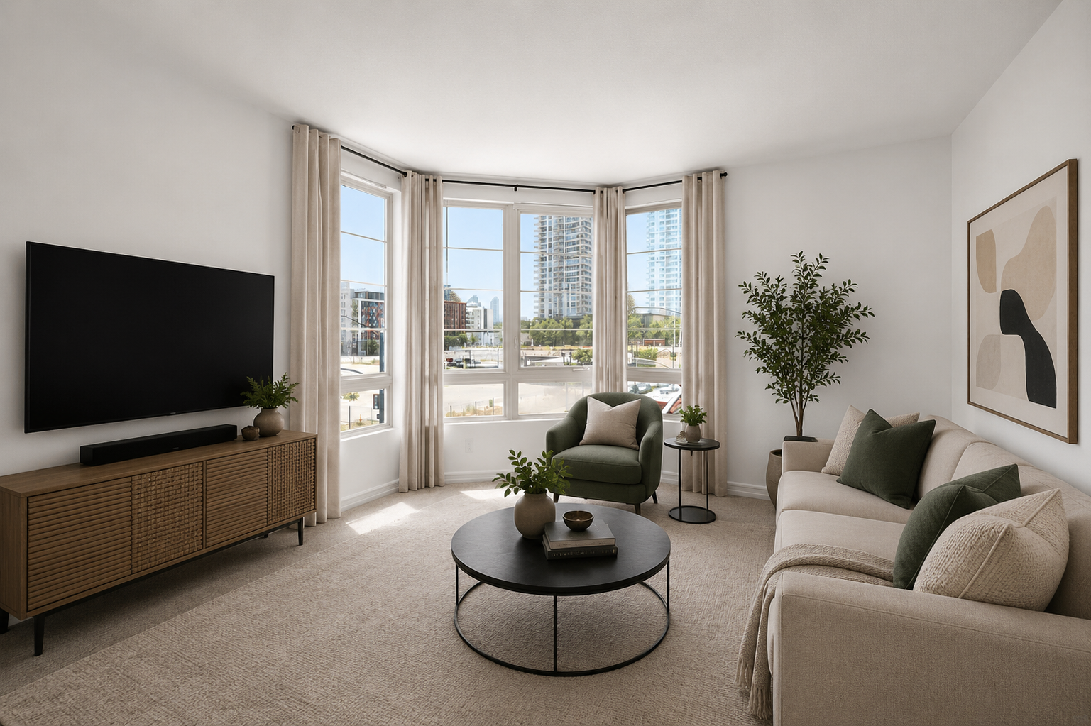 Living room with corner skyline windows, virtually staged
